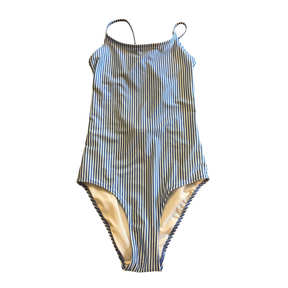H&M Girls Blue White Striped One Piece Swimsuit Size 16/18 Cross Back NWT
